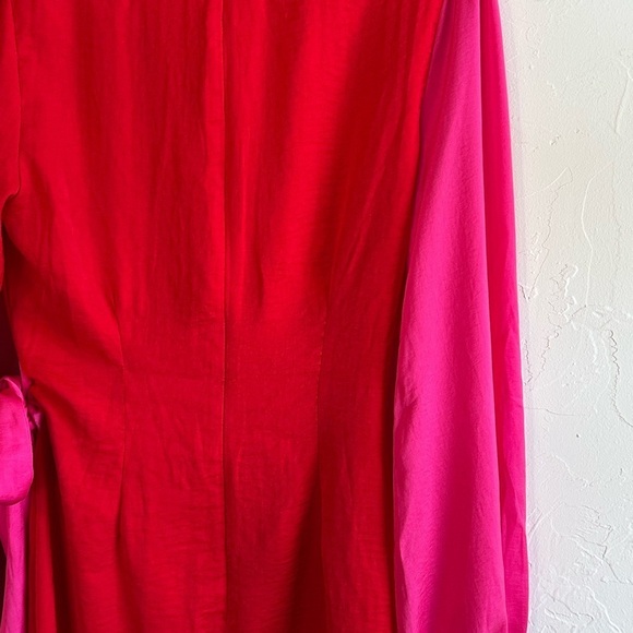 NWT Dress Day Red and Pink Satin V Neck Bishop Sleeve Wrap Dress Sz S - Picture 3 of 12